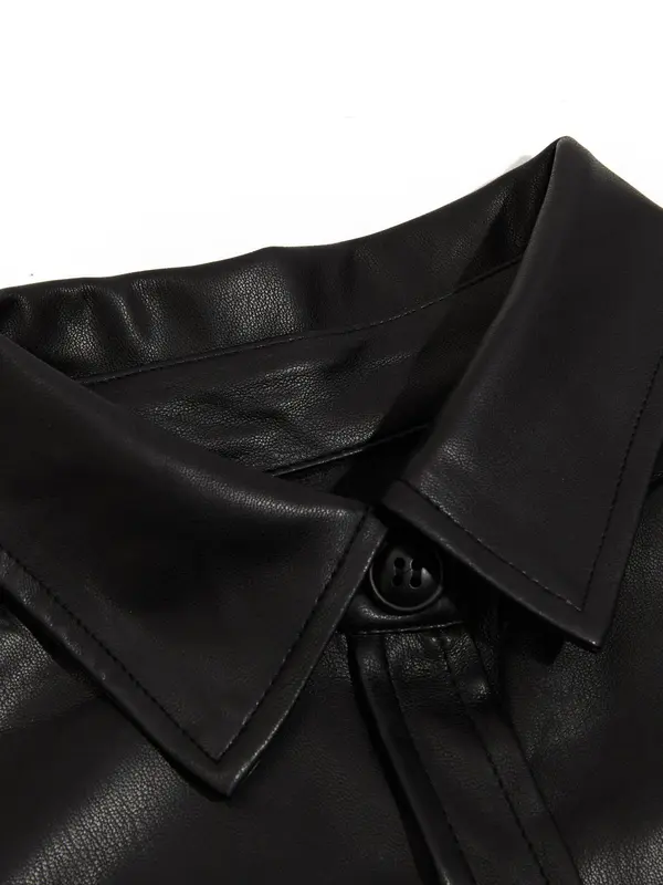 Women's Solid Button Front Pocket Faux Leather Jacket, Casual Drop Shoulder Long Sleeve Collared Outerwear for Fall & Winter, Ladies Clothes for Daily Wear 3