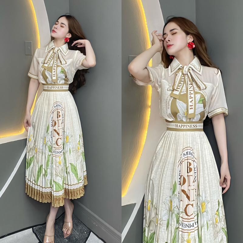 T646 Set Thiết Kế Áo Sơ Mi 3D in Họa Tiết Hoa Kèm Chân Váy Kèm Dây Nơ- Thanh Tự