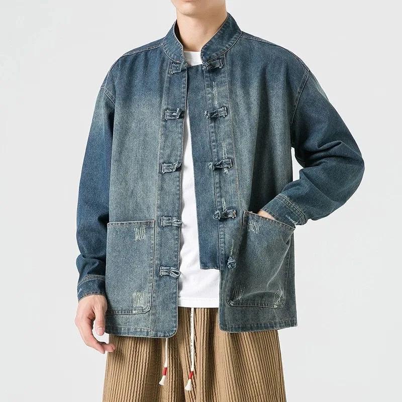 Retro Chinese Style Washed Denim Jacket For Men Spring Autumn Long Sleeved Stand Collar Top Fashion Vintage Ethnic Shirts Coat 6