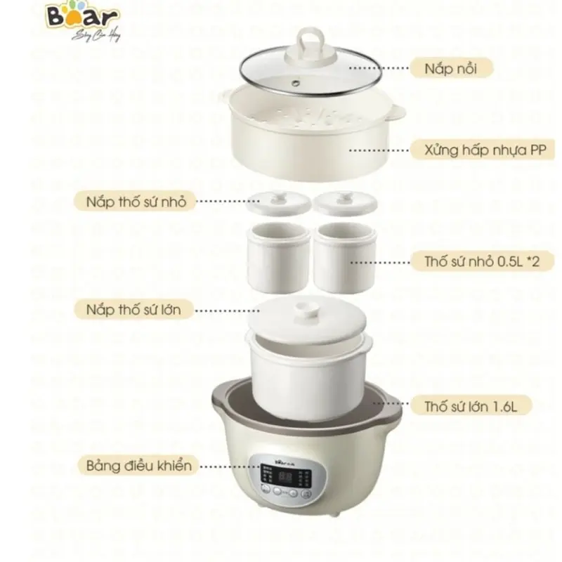 Nồi Bear 1.6l nấu cháo chậm ăn dặm cho  bé (1 thố to, 2 thố nhỏ) 4