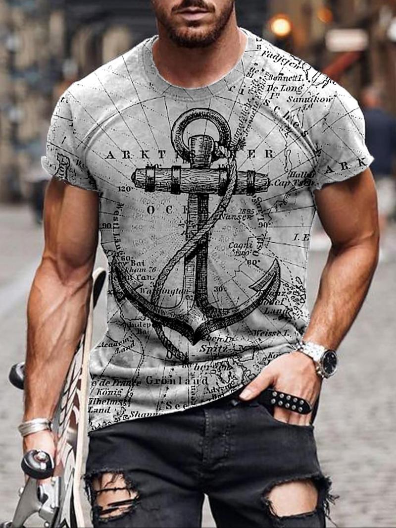 Product Introduction of Men's Letter & Anchor Print Round Neck Tee, Summer Clothes Casual Regular Fit Short Sleeve T-Shirt for Summer, Mens Clothes for Daily Wear 12