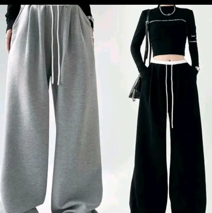 Quần xuông nữ ông rộng phối cạp cao _chất nỉ da cá women Pants Ong