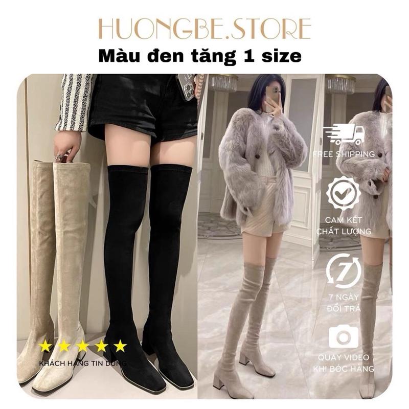 [size35-40] Bốt boot đùi qua gối lót lông, gót vuông 5 cm, mũi vuông trẻ trung kiểu Hàn Quốc