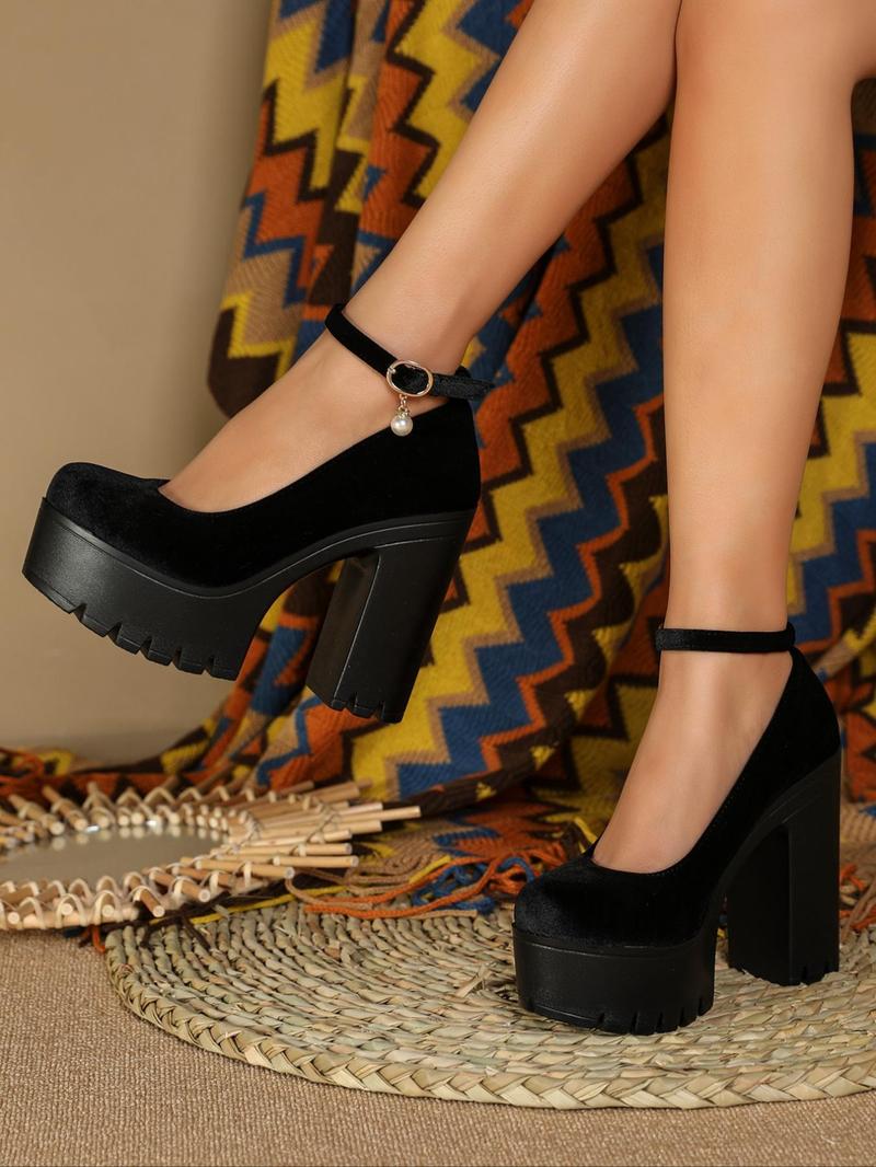 Product Introduction of Women's Fashionable Solid Color Classic Faux Pearl Decorated Platform Pumps, Casual Round Toe Buckle Heeled Shoes for Daily Wear, Female All-match Shoes for Daily Wear 6