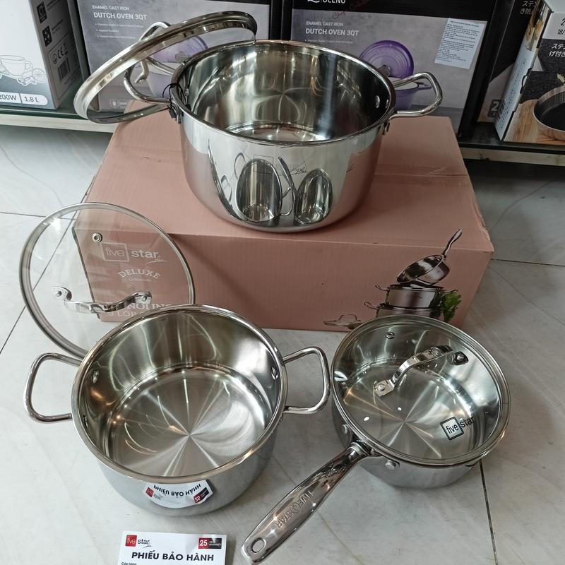 Bộ 2 nồi + 1 quánh Fivestar inox 304 cao cấp, thân và đáy đúc liền 3 lớp dày dặn
