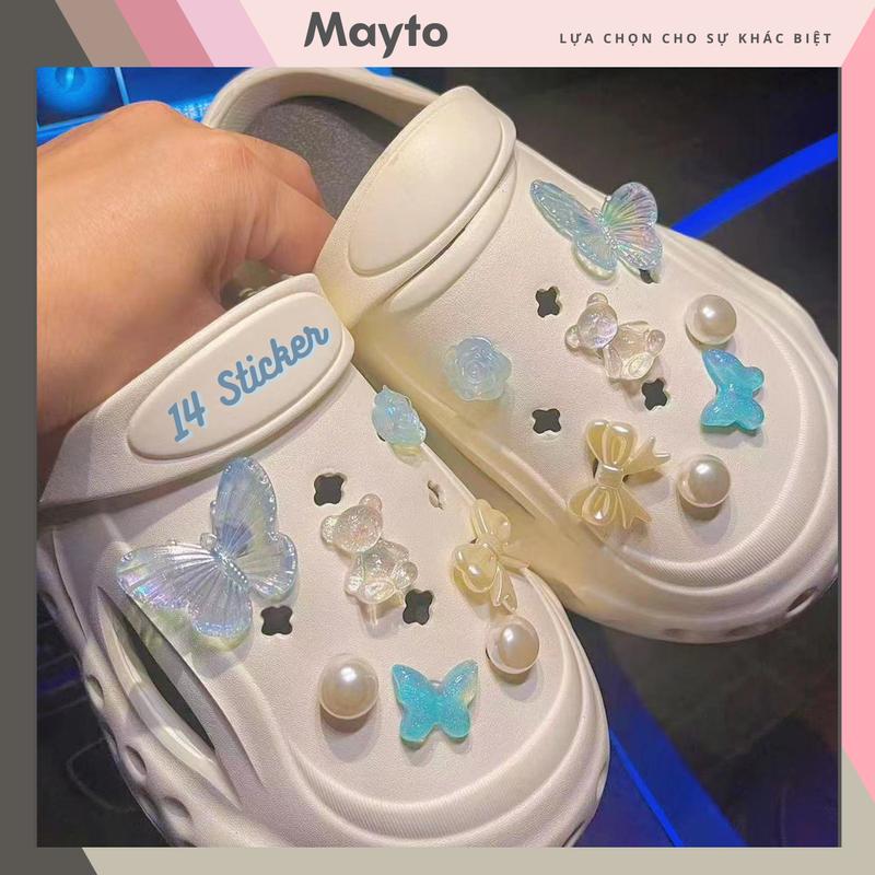 Set 14 Sticker Charm 3D Mayto chủ đề Bling xanh 14 DIY gắn Dép Sục Cá Sấu JB-102