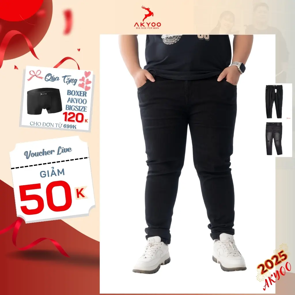 Quần jean big size nam màu đen AKYOO 80-130kg, chất vải jean cotton cao cấp, co giãn, Menswear Pants Có Túi