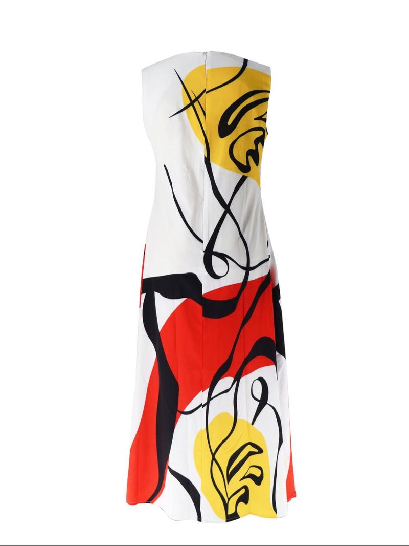 Product Introduction of Women's All Over Print Zipper Round Neck Tank Dress, Casual Pocket Sleeveless Long Dress for Summer, Women's Clothing for Daily Wear 4