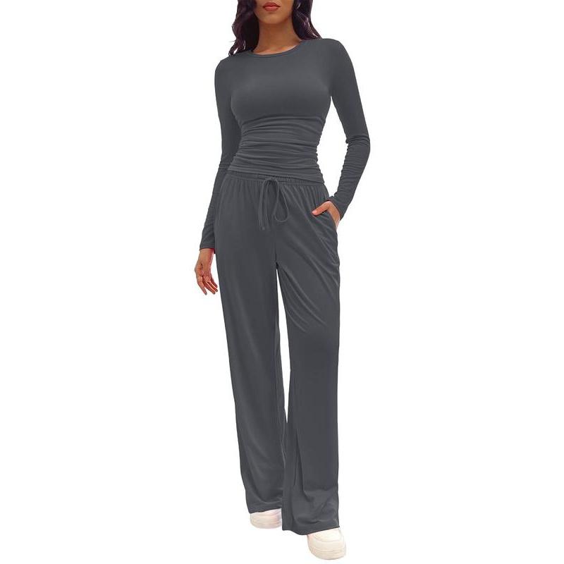 Two-piece Set Women's Solid Ruched Tee & Drawstring Pocket Pants Lounge Set, Casual Long Sleeve T-shirt & Elastic Waist Trousers, Pyjamas for Women, Ladies Sleepwear for All Seasons,  Lounge Tracksuit Women 3
