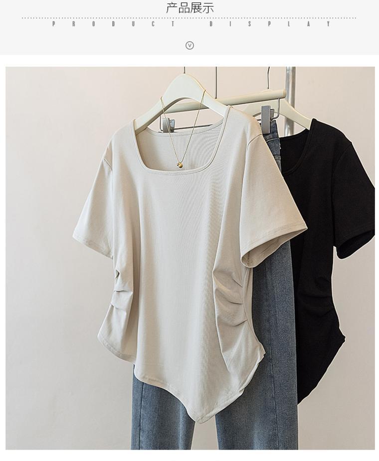 Product Introduction of Quần Áo Nữ Cotton ngoại Cỡ Ins-2024-Ins, Áo Thun Ngắn Tay Dáng Rộng Và Bất Đối Xứng Mùa Hè Cho Cô Gái Đầy Đặn Áo Dài Qua Gối Cổ Vuông Mới OOTD 1