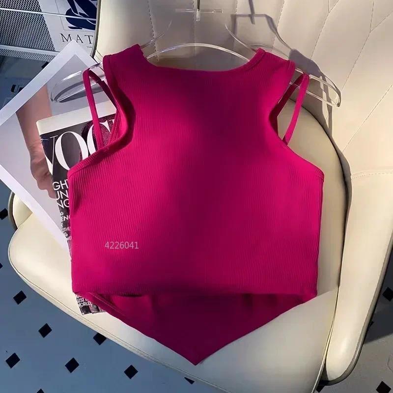 1pc Casual Crop Tops for Women Knitting Irregular Tops Hollow Out Camisole Women Fake Two Pieces Tank Tops with Bra Pad Womenswear Tube Lingerie Lady 3