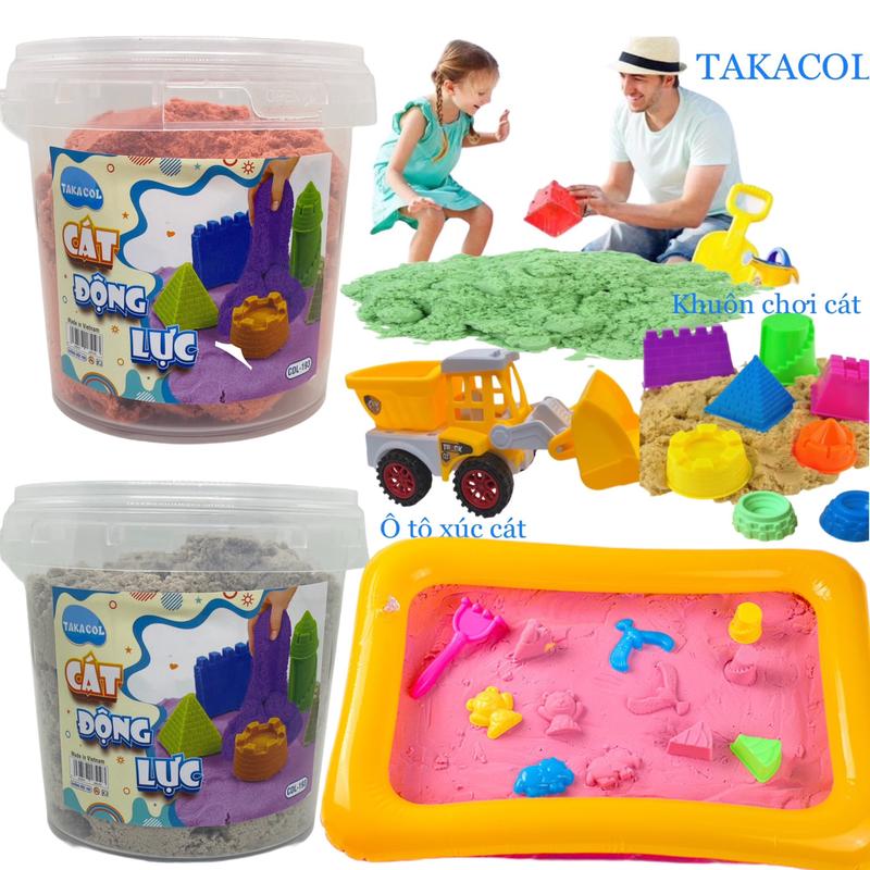 TAKACOL Đồ chơi cát động lực có 1 phao lớn 1 bơm phao 1 xe oto xúc cát và chở cát 2 bộ khuôn chơi kèm cát động lực an toàn cho bé không dính tay.