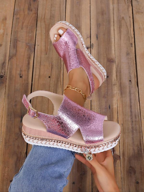 Women's Fashionable Solid Color Wedge Sandals, 1 Pair Casual Versatile Hollow out Design Buckle Decorated Sandals, Trendy Shoes for Summer 2
