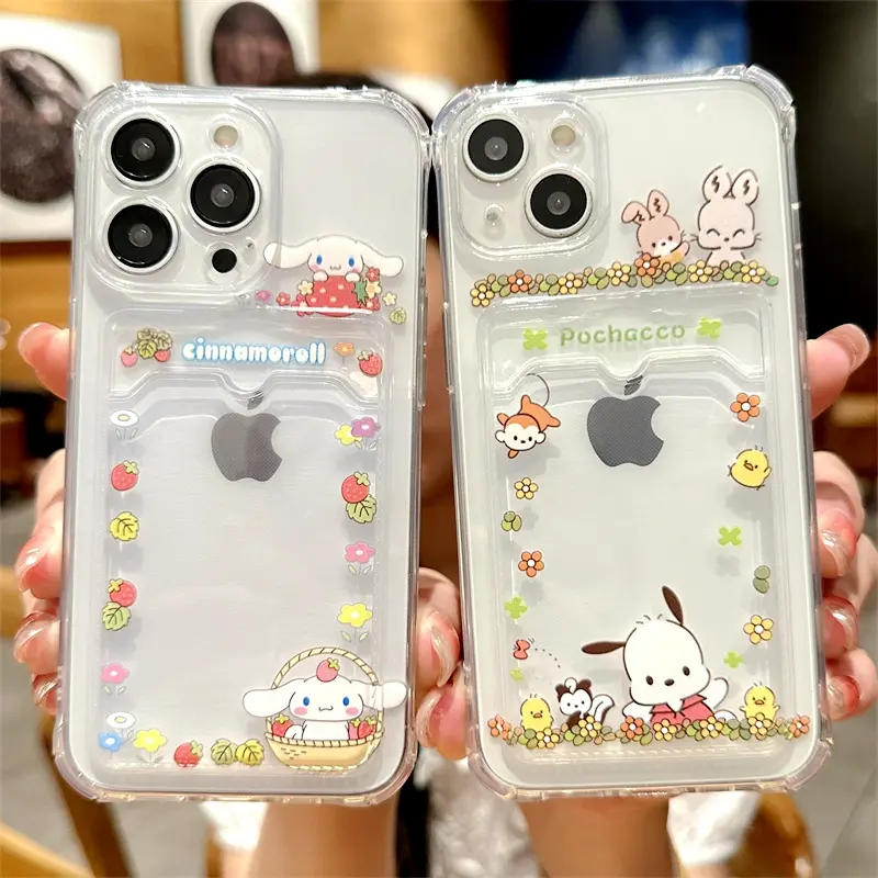 Cartoon Lovely Cinnamoroll Pochacco Dog Mobile Phone Caseo with Card Holder For iPhone 15 Pro Max 14 Pro Max 14 15 Plus 13 Pro Max Soft Silicon Phone Back Cover for iPhone 11 12 Pro Max 7 8 Plus X XR XS Max Back Shell​​​​​​​
