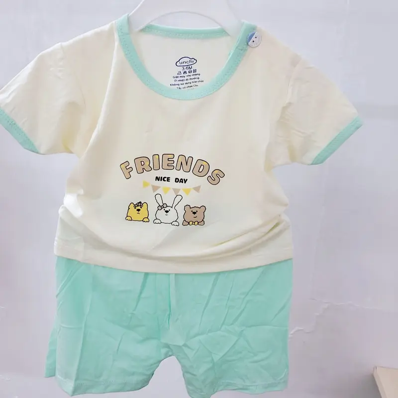 Unchi Bộ quần áo cộc tay mùa hè trẻ em cổ tròn chui đầu cúc vai in họa tiết vải thun lạnh mềm mát cho bé 6-13kg 1