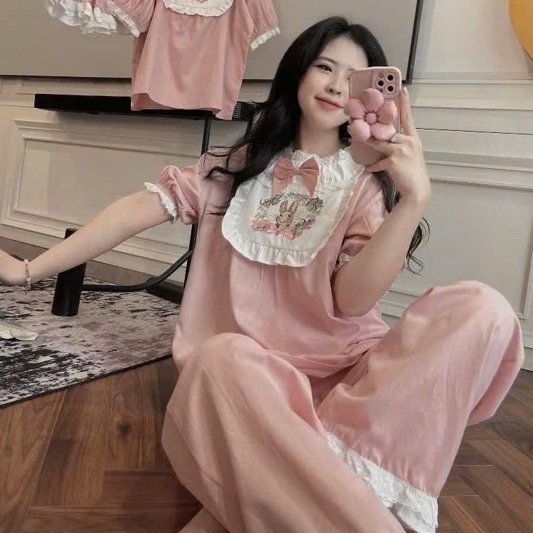 Bộ đồ ngủ pijama cộc tay thỏ yếm thô đũi cổ phối ren tiểu thư Women Nữ (< 60kg, < 1m67) Nhung Áo - Hồng - Voi, Nho 2