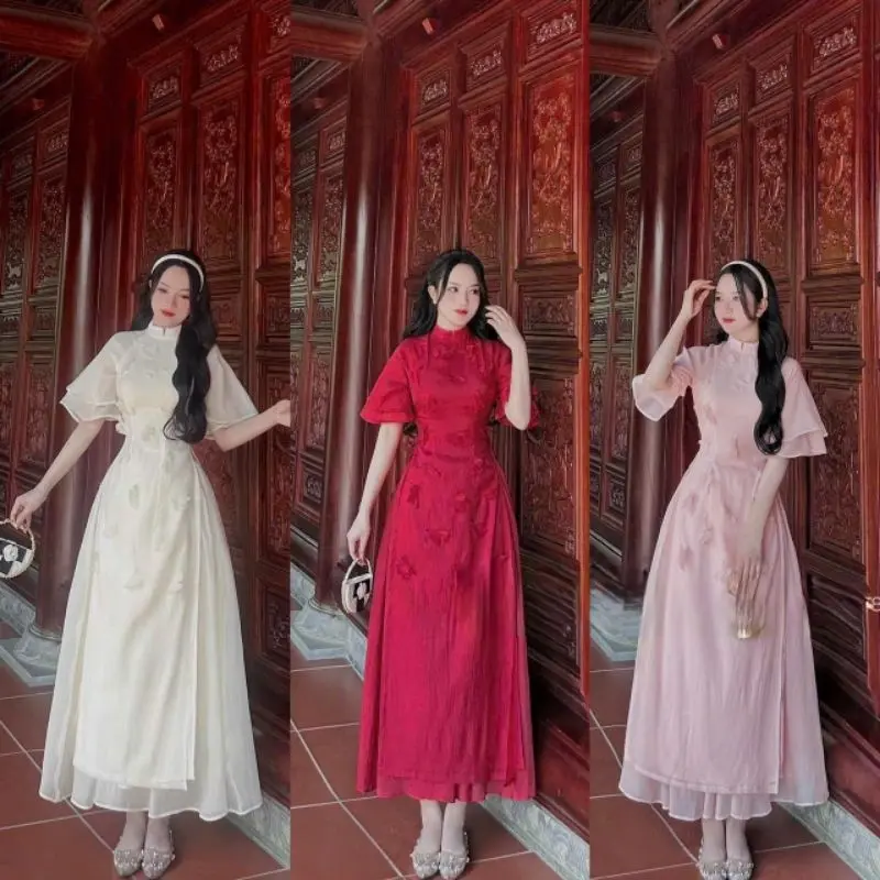Set Áo dài cách tân hàng thiết kế chất voan tà 2 lớp thêu hoa nổi mix váy xoè lụa tuyết nhung siêu đẹp - Đỏ - Nữ, Women