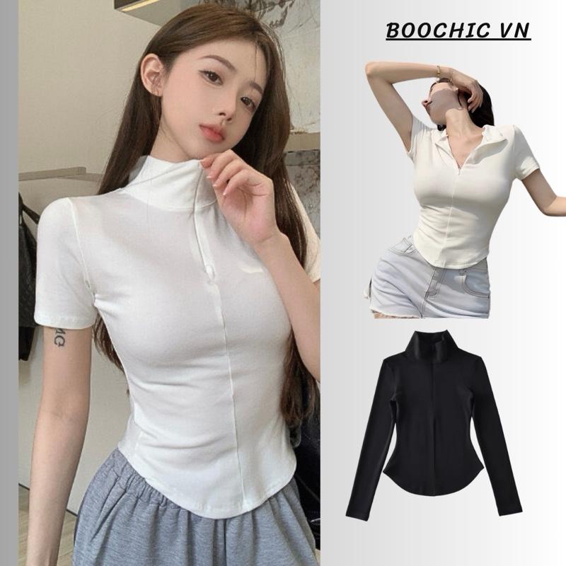 (Form nhỏ) Áo thun cổ đứng khoá kéo đuôi tôm chất liệu tăm hàn định lượng 250GSM - BOOCHIC dành cho Nữ Top Women Cotton ( form nhỏ nên tăng size)