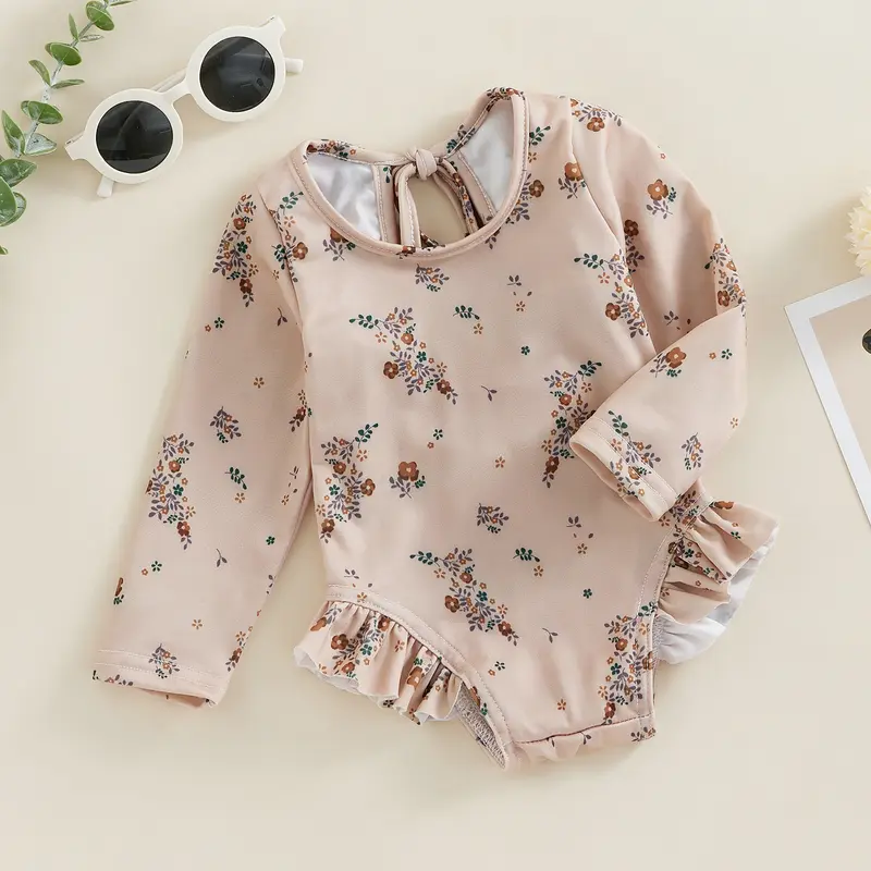Đồ Bơi Mùa Hè Cho Bé Gái, In Hoa, Áo Jumpsuit Quần Dài Tay Áo Có Bèo Nhún Thích Hợp Cho Đồ Bơi, Đồ Đi Biển, Đồ Tắm 5