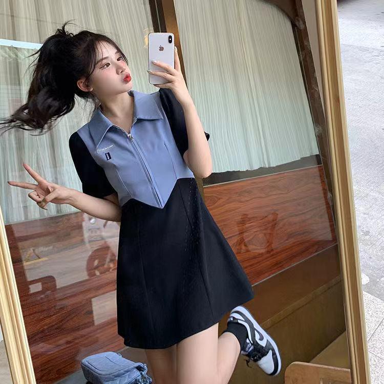 Product Introduction of Sweet Contrast Color Patchwork Slit Dress 2024 Korean Style New Polo Collar Plump Girls Waist Trimming Short-Sleeved Skirt 48