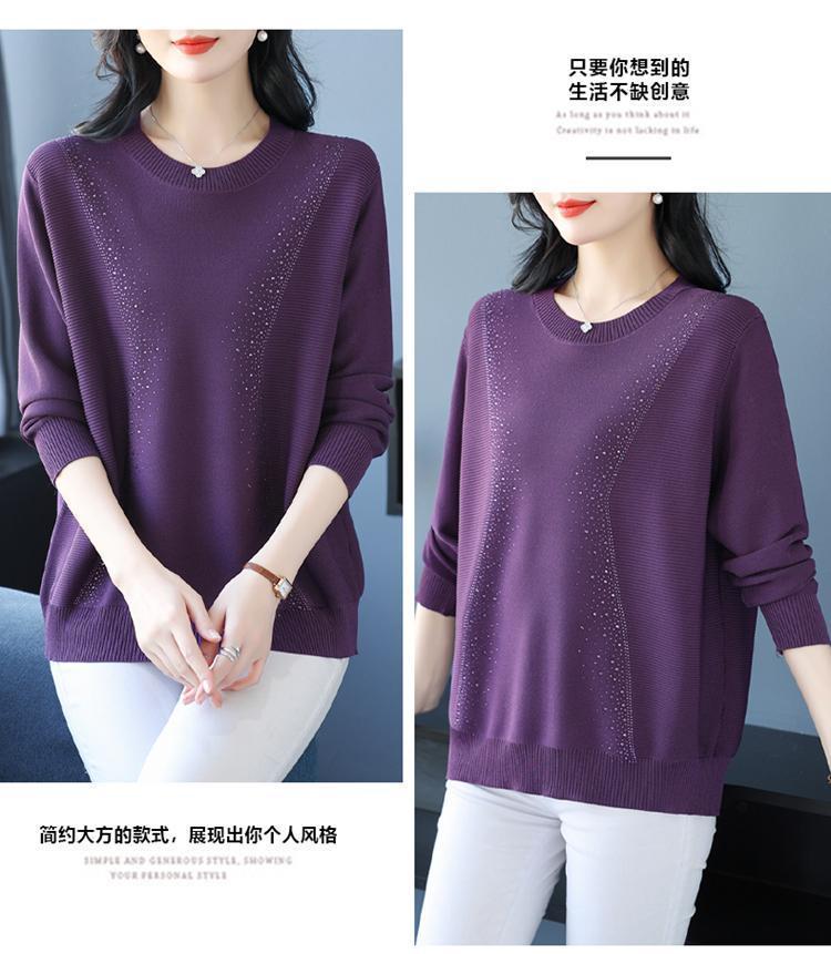 Product Introduction of Knatwear women's round neck rhinestone sweater new fashion mom loose Western style knits long sleeve thin top crop 22
