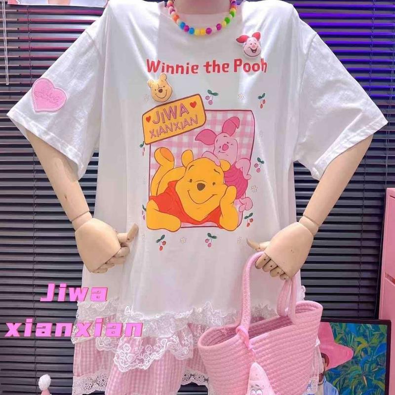 Đầm thun ngắn Gấu Pooh phối bèo ren caro Jiwa Quảng Châu chính hãng Nữ Women