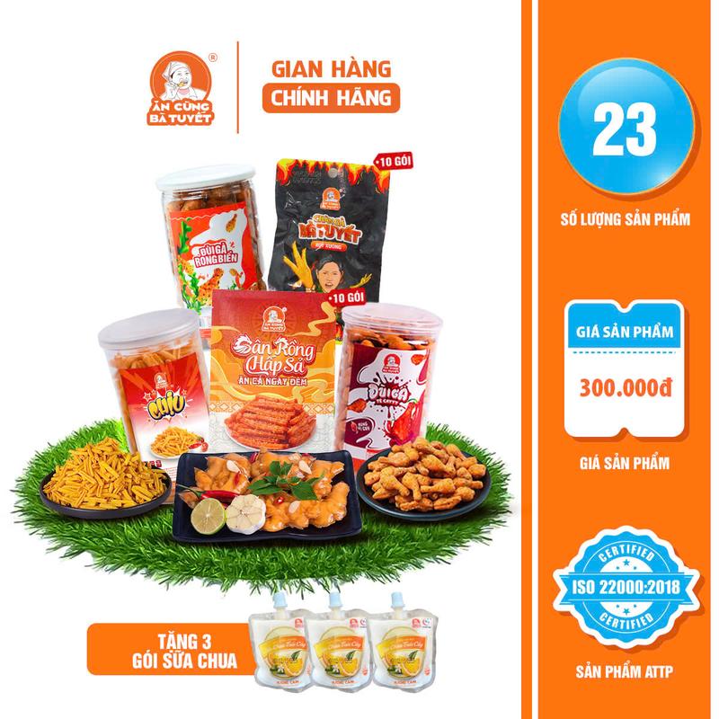 ]Combo NGŨ ĐẠI HÀO KIỆT : gồm 1 hũ snack đùi gà rong biển +1 hũ snack đùi gà tê cay +1 hũ snack chịu+10 gói gân rồng+10 chân gà rút xương+4 thạch healthy-  Ăn Cùng Bà Tuyết