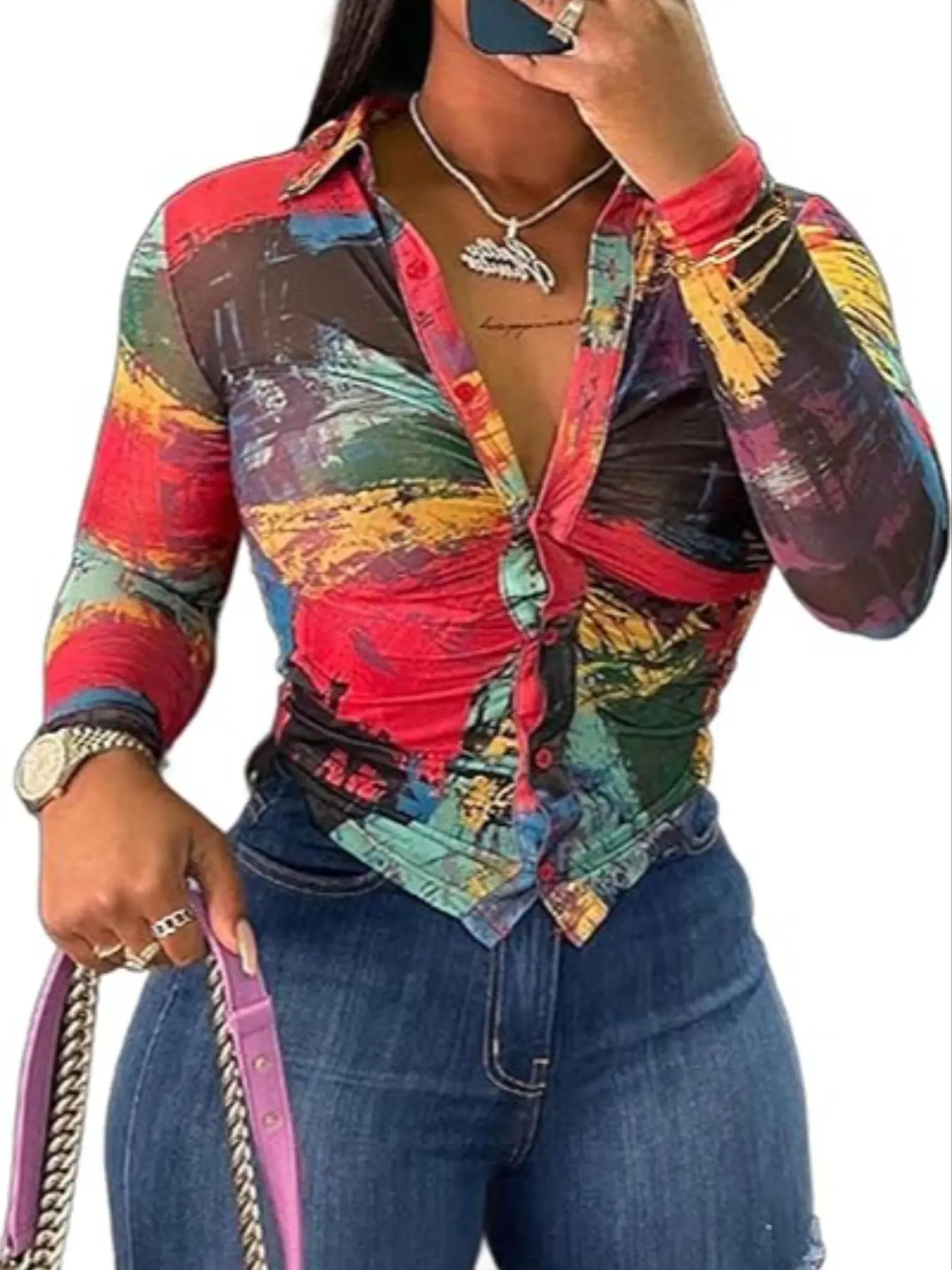 Women's All Over Shirt, Casual Long Sleeve Collared Top for Spring, Ladies Clothes for Daily Wear, Shirts, Womenswear, Blouse