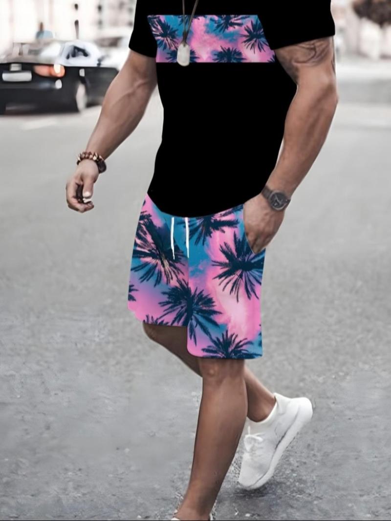 Product Introduction of Men's Regular Fit Palm Tree Print Tee & Shorts Set, Casual Short Sleeve T-shirt & Shorts, Men's Summer Clothes for Beach Vacation 1