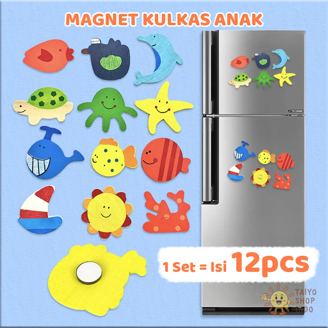 TAIYO Mainan Anak Magnet Kulkas Anak Kayu Set Pack 12 pcs Lemari Lucu Mini Hewan Tumbuhan Binatang