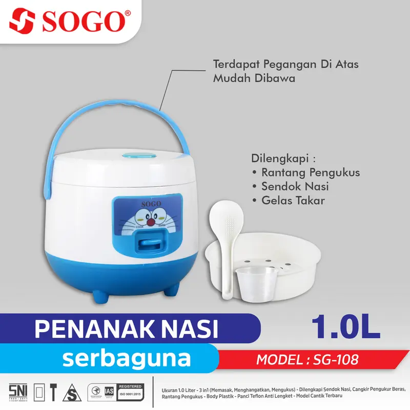 Magic Com 3-in-1 SOGO 1L - Penanak Nasi Mini Anti Lengket dengan Panci Teflon dan Rantang Pengukus - Sendok 2