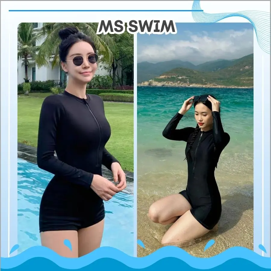Đồ bơi nữ bikini kín đáo liền thân một mảnh form short dây khóa kéo tay dài và ngắn màu đen Ms Swim 006