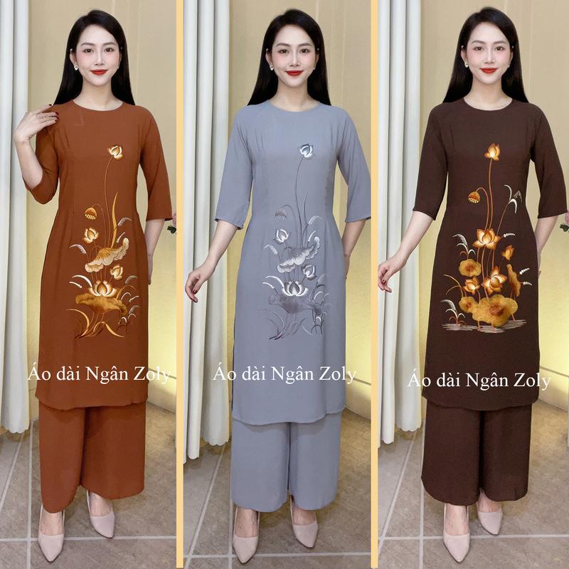 Bộ CÁCH TÂN đi chùa Vải tằm ý mềm mịn không nhăn Áo dài thêu hoa sen thanh lịch Áo dài đi chùa tặng mẹ Áo Dài nữ Women
