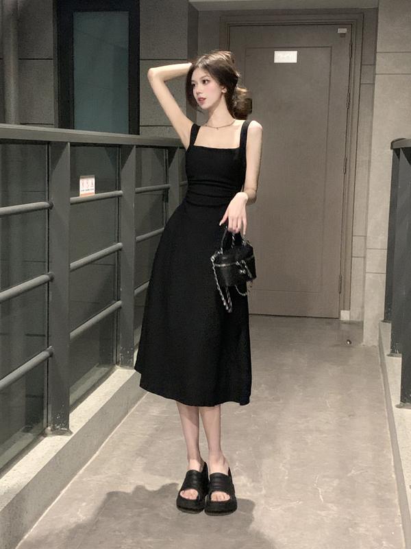  Váy hai dây đen dáng xòe chữ A màu đen hack dáng đẹp  V2D  