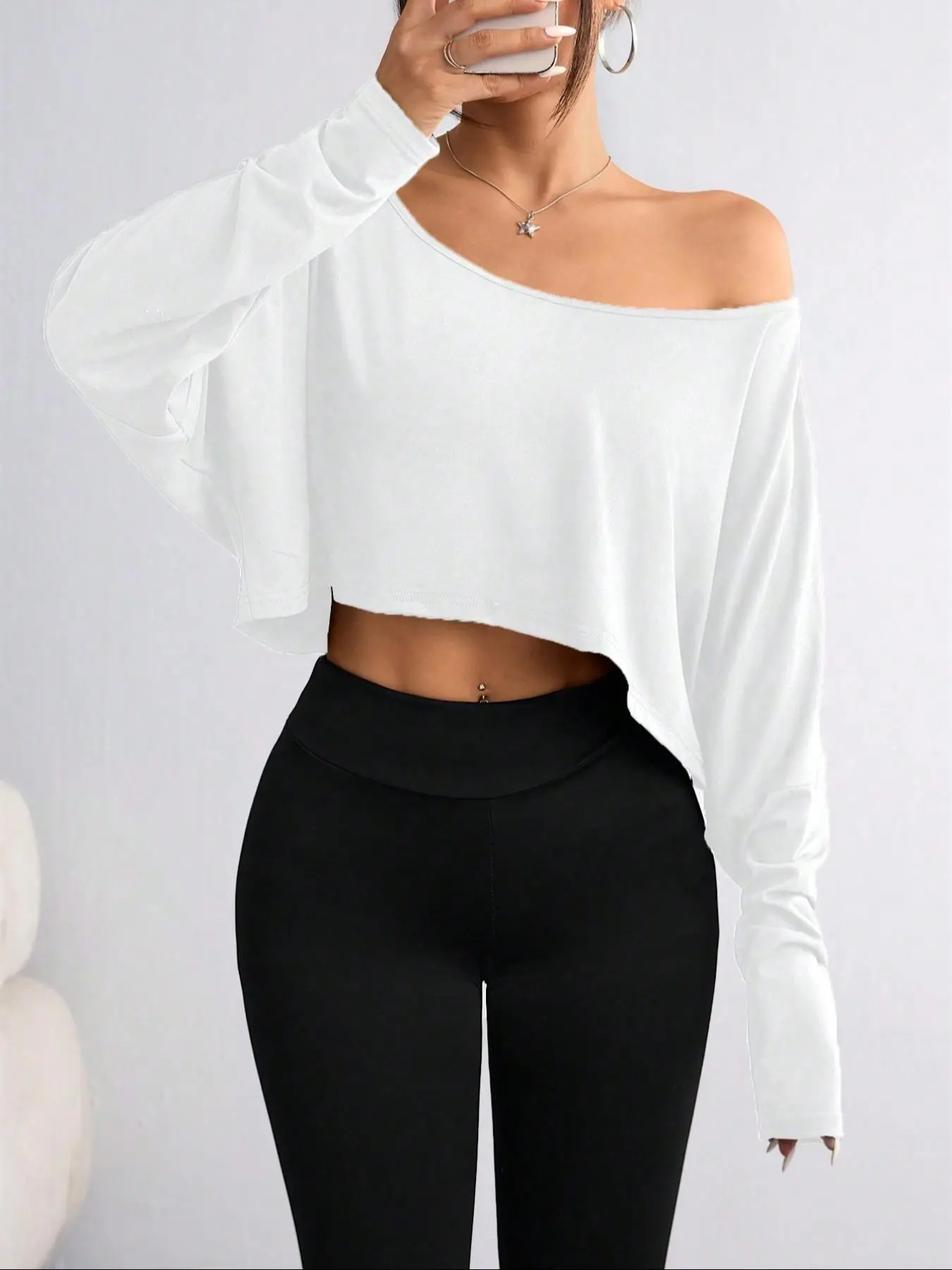 Women's Plain One Shoulder Tee, Casual Loose Long Sleeve T-shirt for Summer, Women's Top for Daily Wear