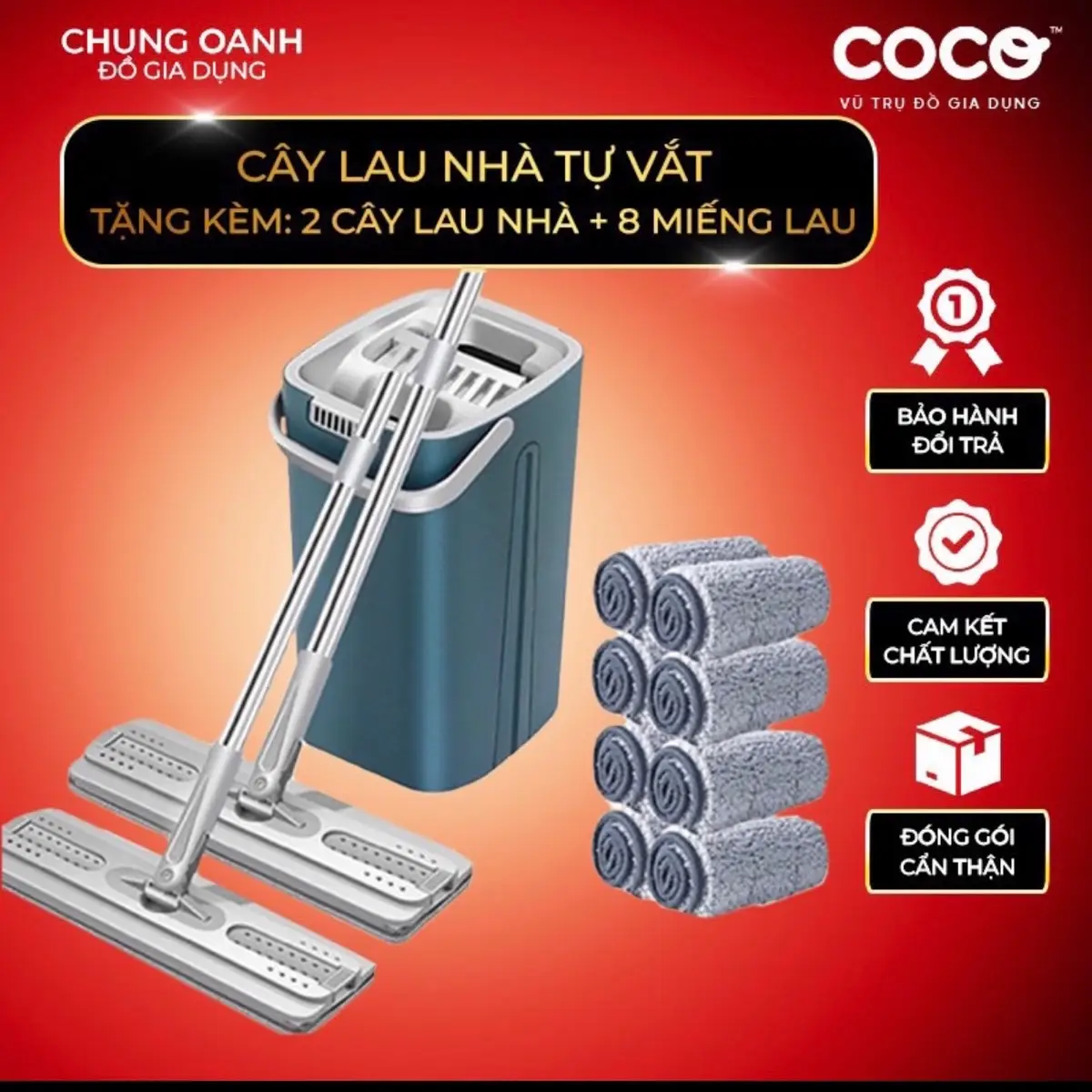 ￼Bộ cây lau nhà ( 1 thùng + 2 cây lau + 8 bông lau) tự vắt thông minh đầu xoay 360 độ tiện lợi Lau Sàn Làm Sạch Inox choi