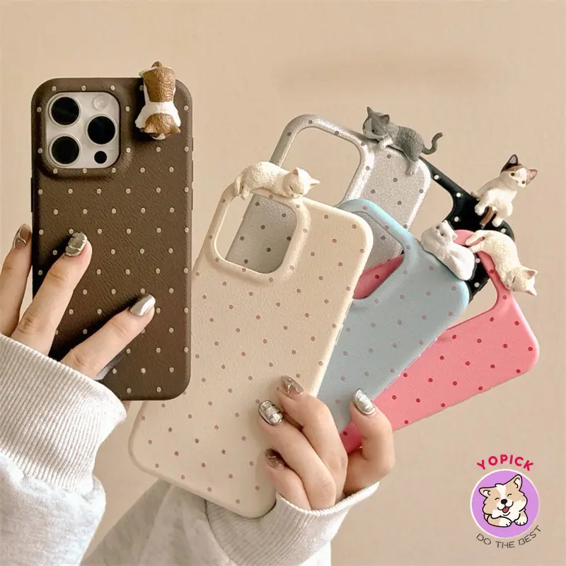 Ốp Điện Thoại Da, Thiết Kế Hình Mèo Và Chấm Bi Dễ Thương, Dành Cho iPhone 16, 16Pro, 16Plus, 16Pro Max, 11, 12, 13, 14Plus, 15Pro, XR, XS Max, 7, 8Plus, Phong Cách Người Yêu, Vỏ Điện Thoại Hoạt Hình Coulpe, Bán Chạy, Chất Lượng Cao, LZW Kem Phụ Kiện