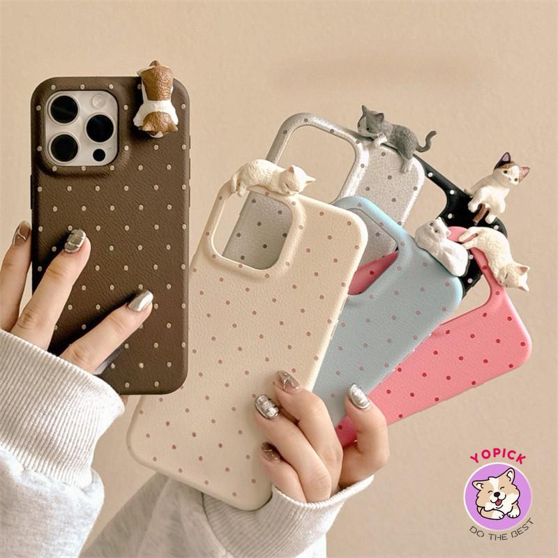 Ốp Điện Thoại Da Thiết Kế Hình Mèo Và Chấm Bi Dễ Thương Dành Cho iPhone 17 16…