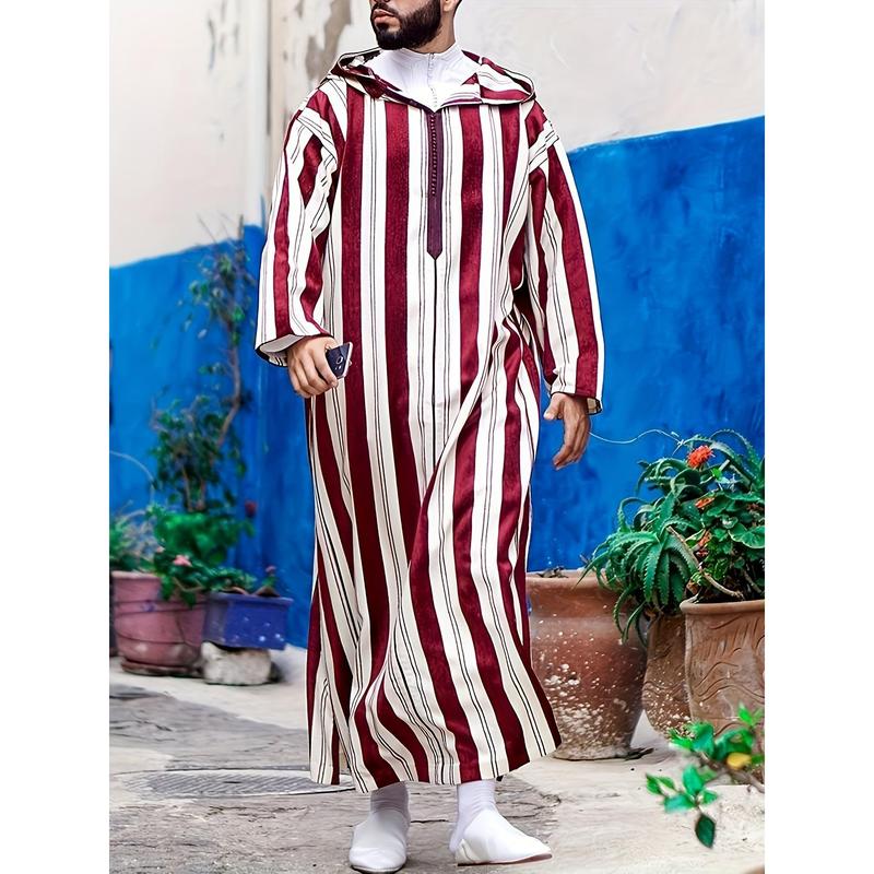 Men's Striped Hooded Long Robe - Casual Polyester Thobe with Zipper Detail, Machine Washable - Perfect for Spring/Fall 1