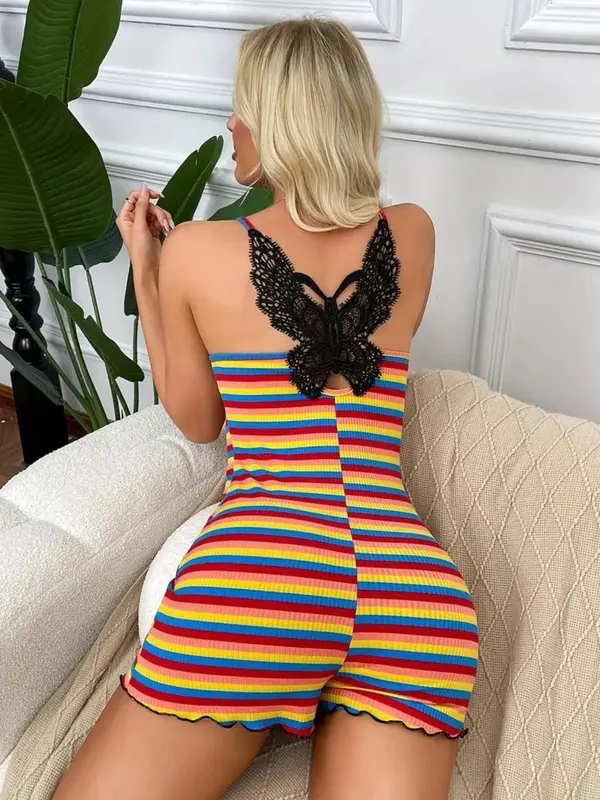 Women's Rainbow Stripe Pattern Bow Decor Contrast Lace Romper, Casual Sleeveless Romper for Summer, Fashion Women's Clothing for Daily Wear 1