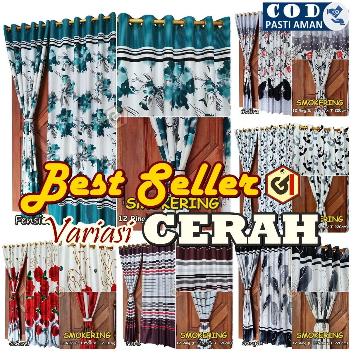 Gorden Pintu Jendela Smokring 12 Ring Ukuran 135x220cm Bahan Katun Disperse Warna Motif Dominan Putih Cerah Tali Korden