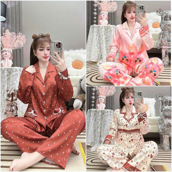 Product Introduction of Mẫu Tết -Đồ Bộ Pijama Nữ, Vải Lụa Latin Mịn Mát, In 5D, Tay Dài Quần Dài, Free size 40-60kg Women Voi Nhung Tim Kem Quần Ngủ Áo 2