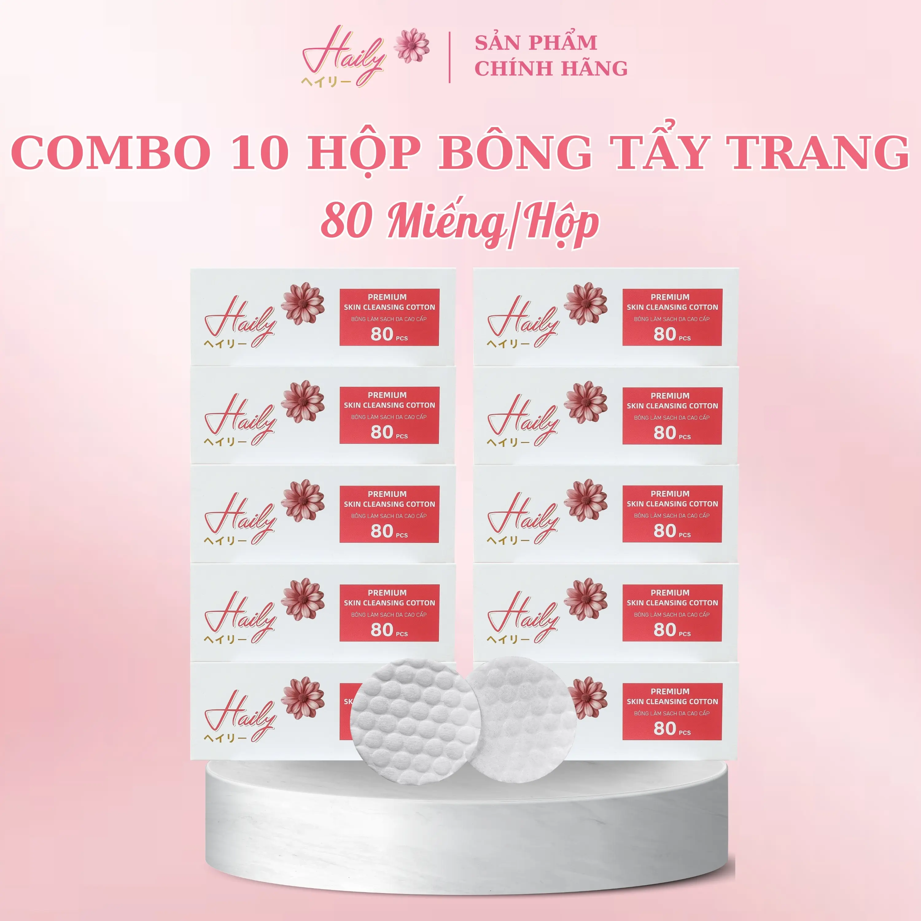 COMBO 10 HỘP Bông Tẩy Trang Haily (800 miếng) Tặng 50 Tờ Khăn Khô Lau Mặt