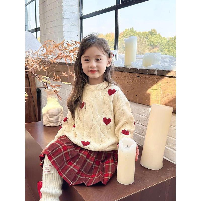 S115 - Set Áo len trắng hình tim mix chân váy xếp ly dạ kẻ sz 8-30kg