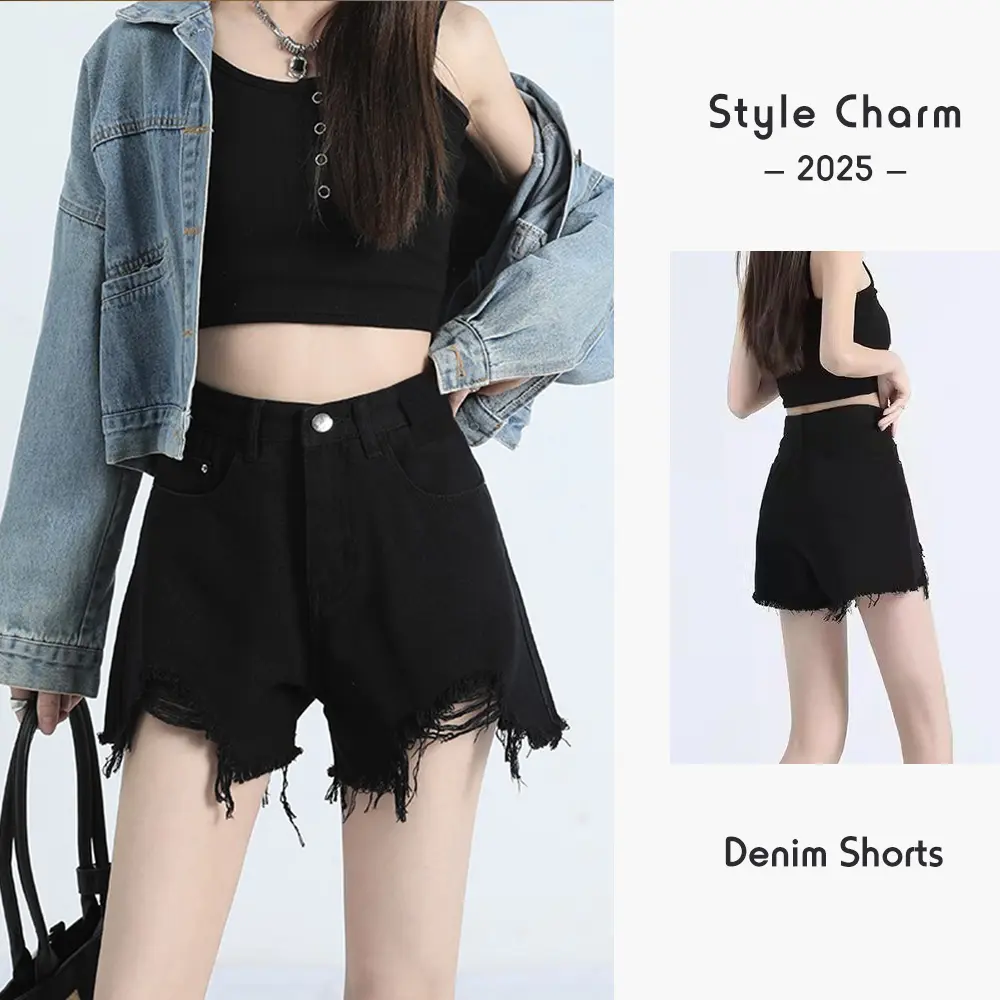 Black High Waist Denim Shorts for Women Slimming Wide Leg A-Line Sexy Hot Pants