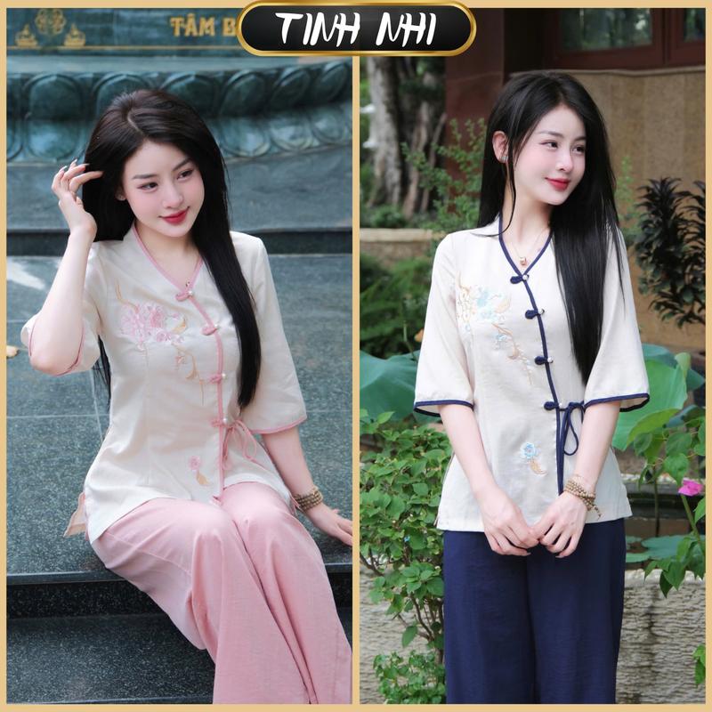 Tinh Nhi đồ lam đi lễ cúc chéo thêu hoa tiểu thư thanh lịch PP220 Nhung Áo Nữ Top Women 1