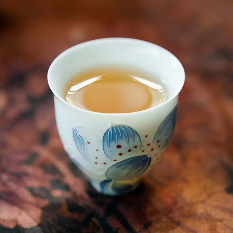 Yingqingdui Carving Pure Hand-painted Lotus Petal Teacup Tea Tasting Cup Kung Fu Tea Set Ceramic Master Cup Household Single Cup Female [A937]