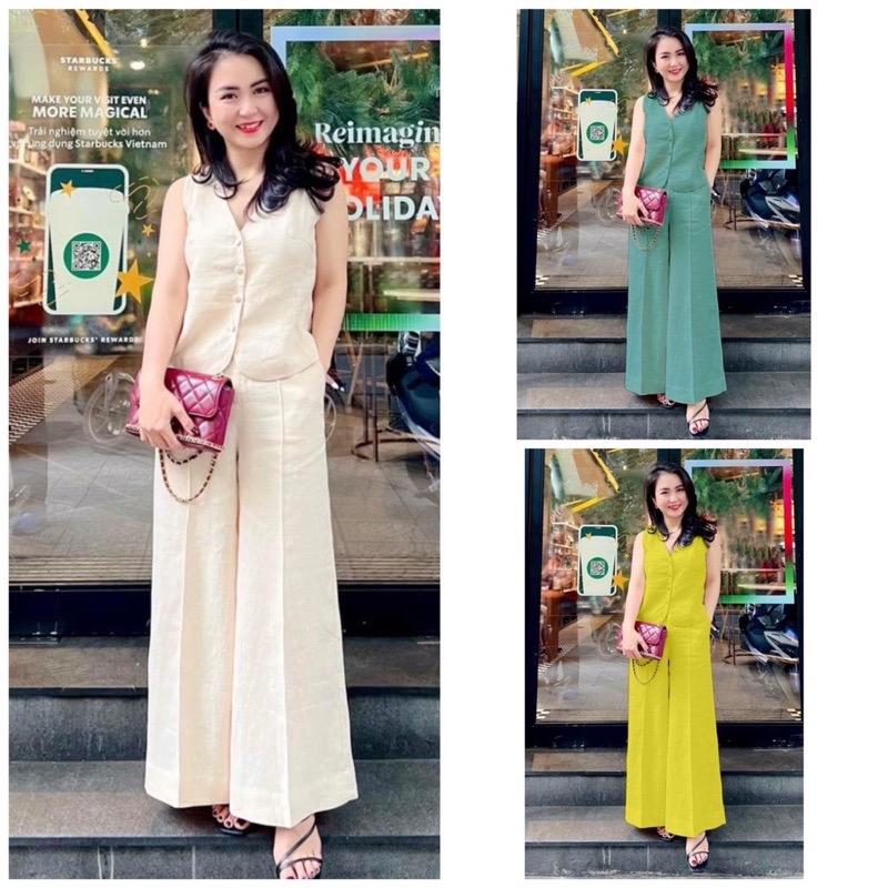 Set Đồ Nữ Mặc Đi Chơi, Ở Nhà Áo Sát Nách, Quần Ống Rộng, Cổ Tim Sang Chảnh Hascoo Mã H17