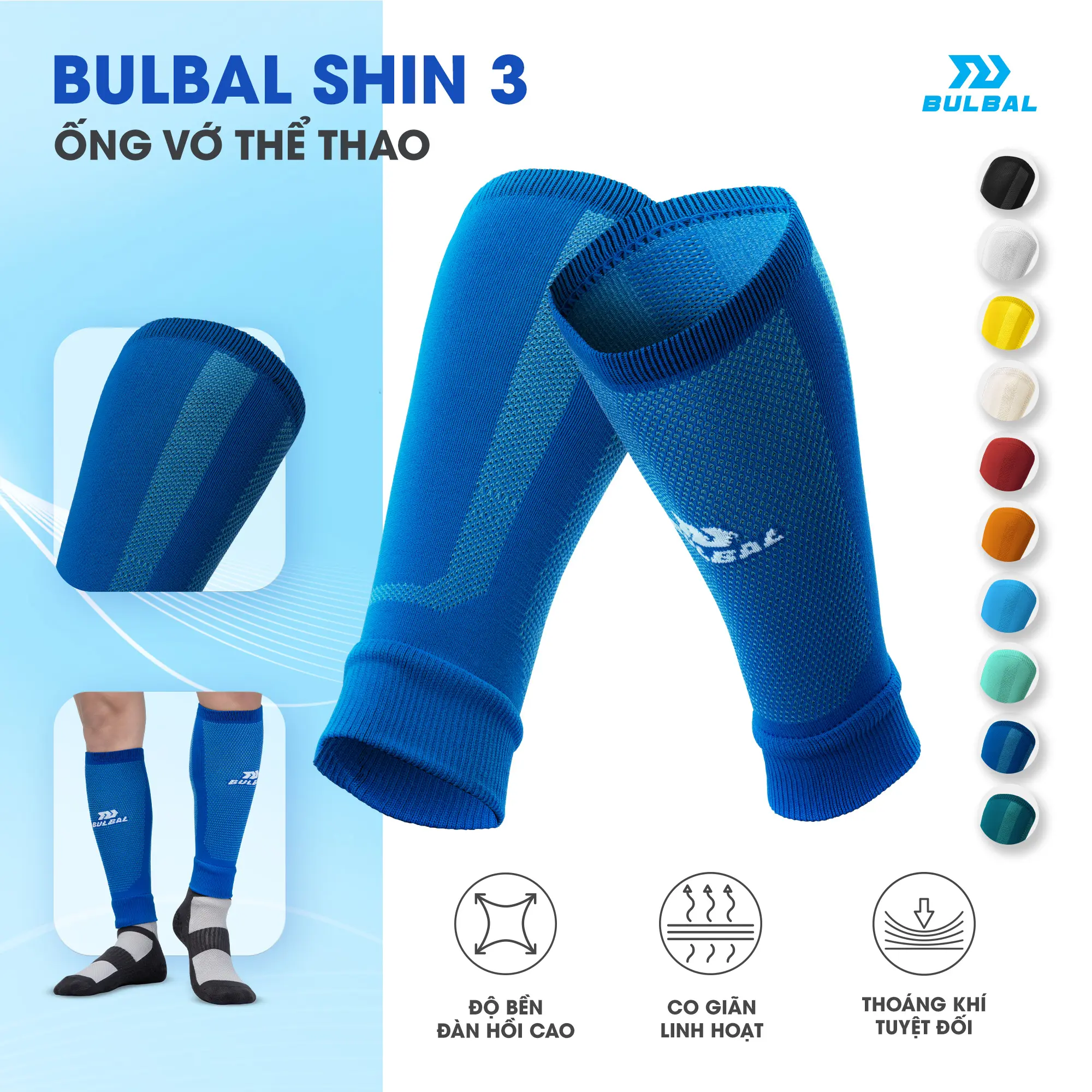 Tất ống vớ bóng đá cao cấp Bulbal Shin 3, co giãn, có bề mặt lưới đan giảm áp lực cho cơ, vận động linh hoạt, 10 màu