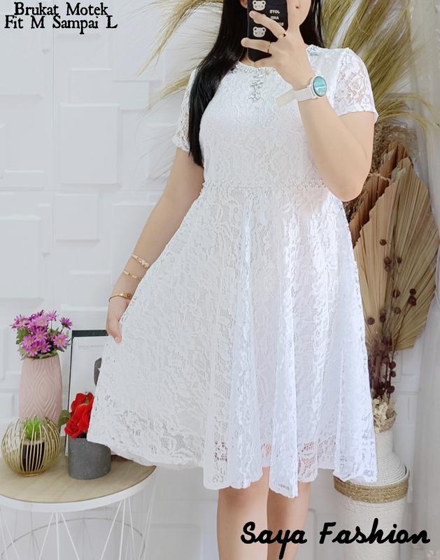 Dress Brukat Permata Putih Midi Dress Pesta Mewah 0